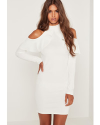 Missguided Frill Cold Shoulder Long Sleeve Dress White