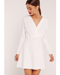 Missguided Pleated Plunge Long Sleeve Skater Dress White