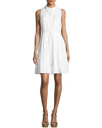 Neiman Marcus Sleeveless Square Dot A Line Dress White