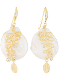 Indulgems Golden Leaf Jumbo Freshwater Pearl Drop Earrings White