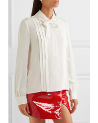 Miu Miu Pussy Bow Embellished Pleated Crepe De Chine Blouse Off White