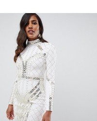 Starlet All Over Contrast Embellished Pencil Dress In White And Gold