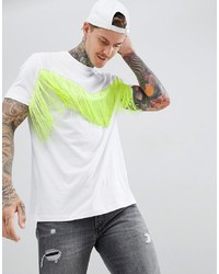 ASOS DESIGN Relaxed Longline T Shirt With Neon Fringing In White