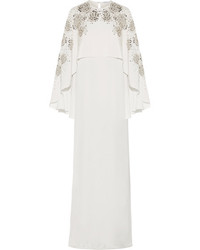 Oscar de la Renta Cape Back Embellished Silk Satin Gown Ivory