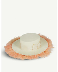 Federica Moretti Boa Feather Trimmed Straw Boater Hat