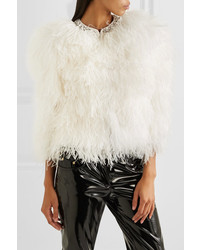 Miu Miu Cropped Crystal Embellished Feather Jacket White