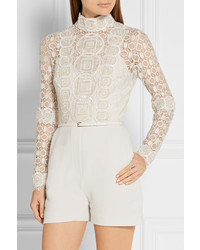 Elie Saab Embellished Cotton Blend Guipure Lace And Crepe Playsuit Ivory