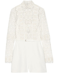 Elie Saab Embellished Cotton Blend Guipure Lace And Crepe Playsuit Ivory