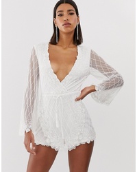 Ideally diary pleasant Starlet Embellished Plunge Front Playsuit With Tassels In White, $45 | Asos  | Lookastic