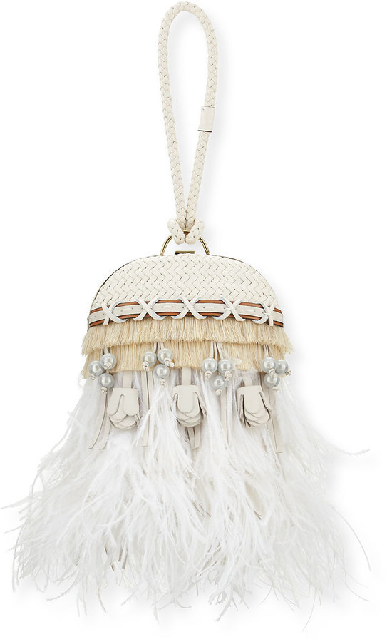 white feather clutch