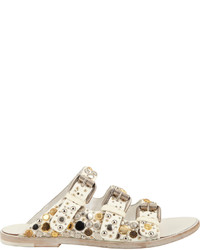 Collection Privée? Collection Prive Embellished Triple Buckle Flat Sandals White