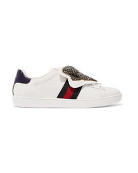 Gucci Ace Crystal Embellished Watersnake Trimmed Leather Sneakers