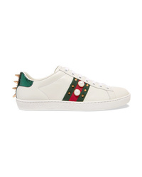 Gucci Ace Faux Pearl Embellished Metallic Med Leather Sneakers