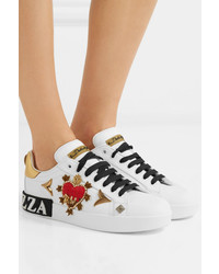 Dolce & Gabbana Appliqud Embellished Leather Sneakers