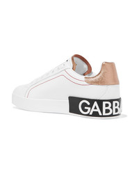 Dolce & Gabbana Logo Embellished Metallic Trimmed Leather Sneakers