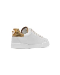 Dolce & Gabbana White Pearl Embellished Leather Sneakers