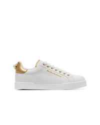 Dolce & Gabbana White Pearl Embellished Leather Sneakers