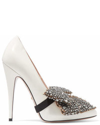 Gucci Bow Embellished Patent Leather Pumps White