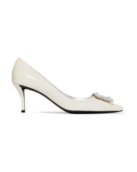 Roger Vivier Flower Faux Pearl Embellished Iridescent Patent Leather Pumps