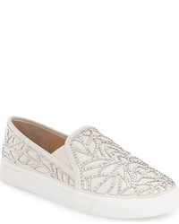 White Embellished Leather Slip-on Sneakers