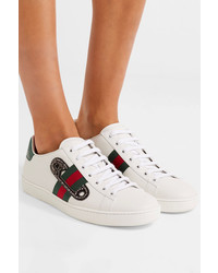 Gucci Ace Watersnake Trimmed Embellished Leather Sneakers White