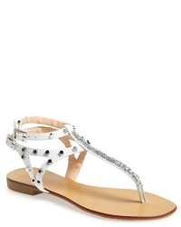 White Embellished Leather Thong Sandals