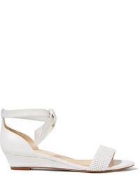 White Embellished Leather Wedge Sandals