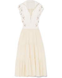 White Embellished Linen Midi Dress