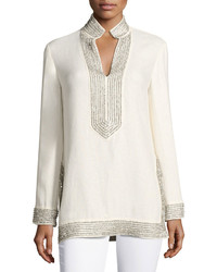 Tory Burch Crystal Embellished Linen Tunic Ivory