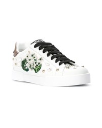 Dolce & Gabbana White Geranium Embroidered Portofino Sneakers