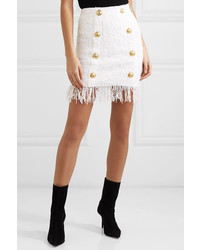 Balmain Button Embellished Fringed Boucl Mini Skirt