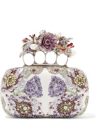 Alexander McQueen Knuckle Embellished Satin Clutch Ivory