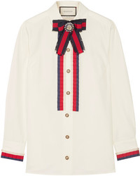 Gucci Embellished Grosgrain Trimmed Cotton Poplin Shirt Off White