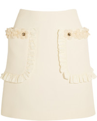Fendi Embellished Floral Appliqud Wool And Silk Blend Crepe Mini Skirt Ivory
