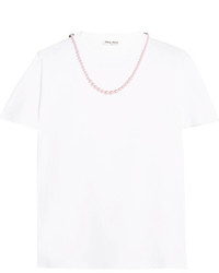 Miu Miu Faux Pearl Embellished Cotton Jersey T Shirt White
