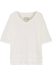 Current/Elliott The Pompom Embellished Cotton Jersey T Shirt White