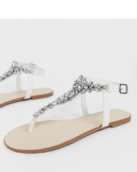 Miss Selfridge Toe Post Sandals With Embellisht In White