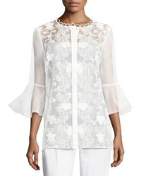 Elie Tahari Avon Bell Sleeve Embroidered Organza Blouse White