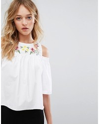 Pull&Bear Cold Shoulder And Embroidered Top