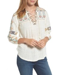 Lucky Brand Embroidered Lace Up Top