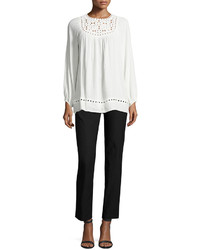 Max Studio Long Sleeve Embroidered Cut Top Ivory