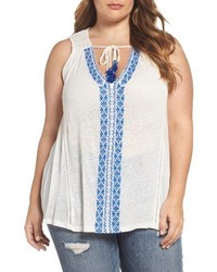 Lucky Brand Plus Size Embroidered Tie Neck Top