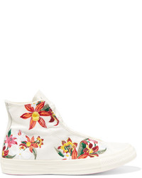 White Embroidered Canvas High Top Sneakers