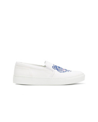 White Embroidered Canvas Slip-on Sneakers
