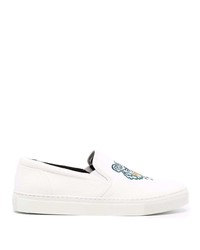 White Embroidered Canvas Slip-on Sneakers