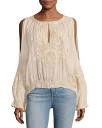 Haute Hippie Penny Cold Shoulder Embroidered Chiffon Top