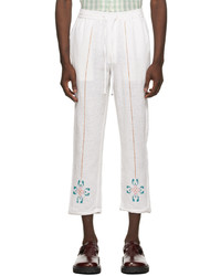 HARAGO Off White Open Woven Cotton Floral Trousers