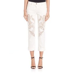 White Embroidered Cotton Skinny Jeans