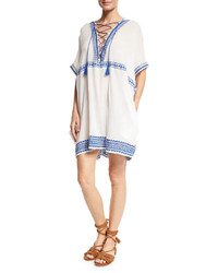 Vitamin A Isabell Lace Up Embroidered Short Caftan Coverup White