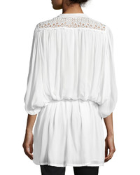 Neiman Marcus Batwing Sleeve Embroidered Blouse White